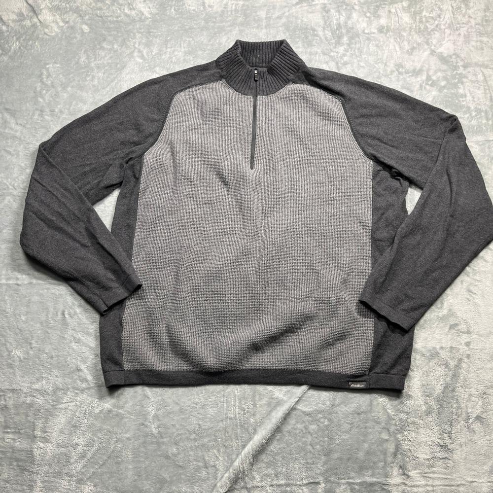 Eddie Bauer 1/4 Zip Pullover Mens XL Gray Textured Colorblock Sweater